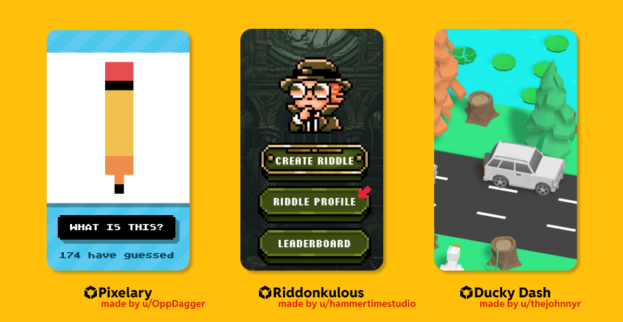 Image shows multiple popular apps built on the developer platform, including Pixelary, Riddonkulous, and Ducky Dash.