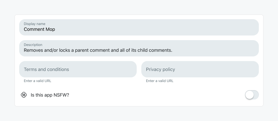 App configuration form